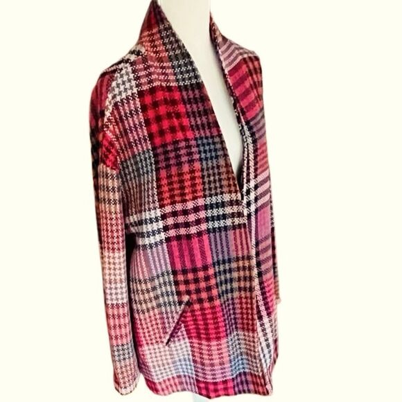 Rachel Zoe pink plaid tweed collarless snap front jacket size L. - Picture 7 of 8